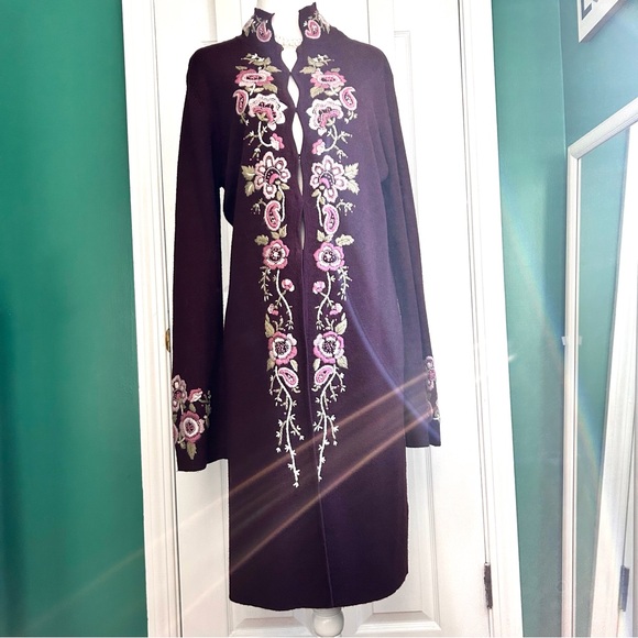 Long Maroon Wool Blend Cardigan with Embroidered Flowers at trim Small - Picture 6 of 11